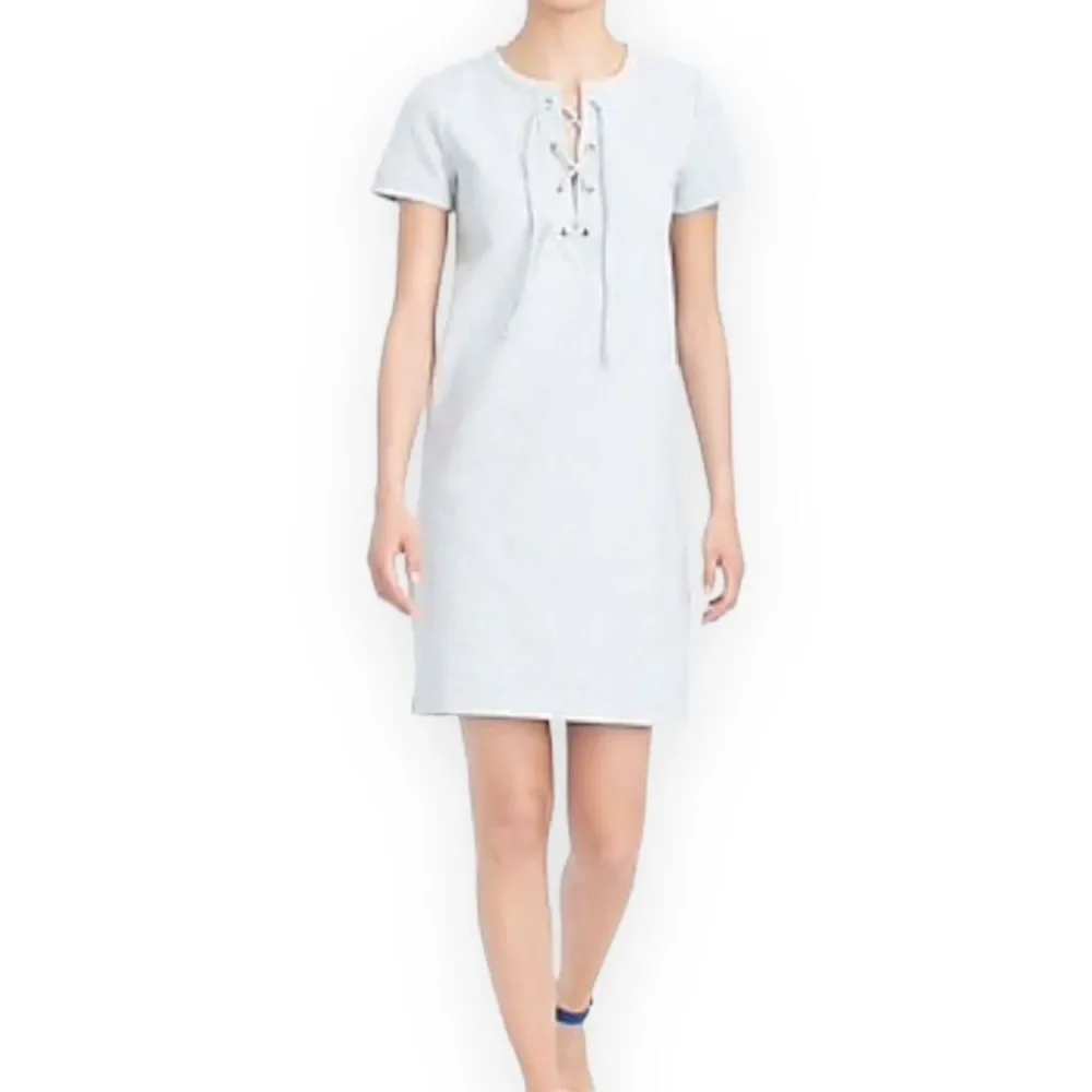 Gray V Neck Lace Up Short Sleeve Cotton Jersey Mini Dress NEW